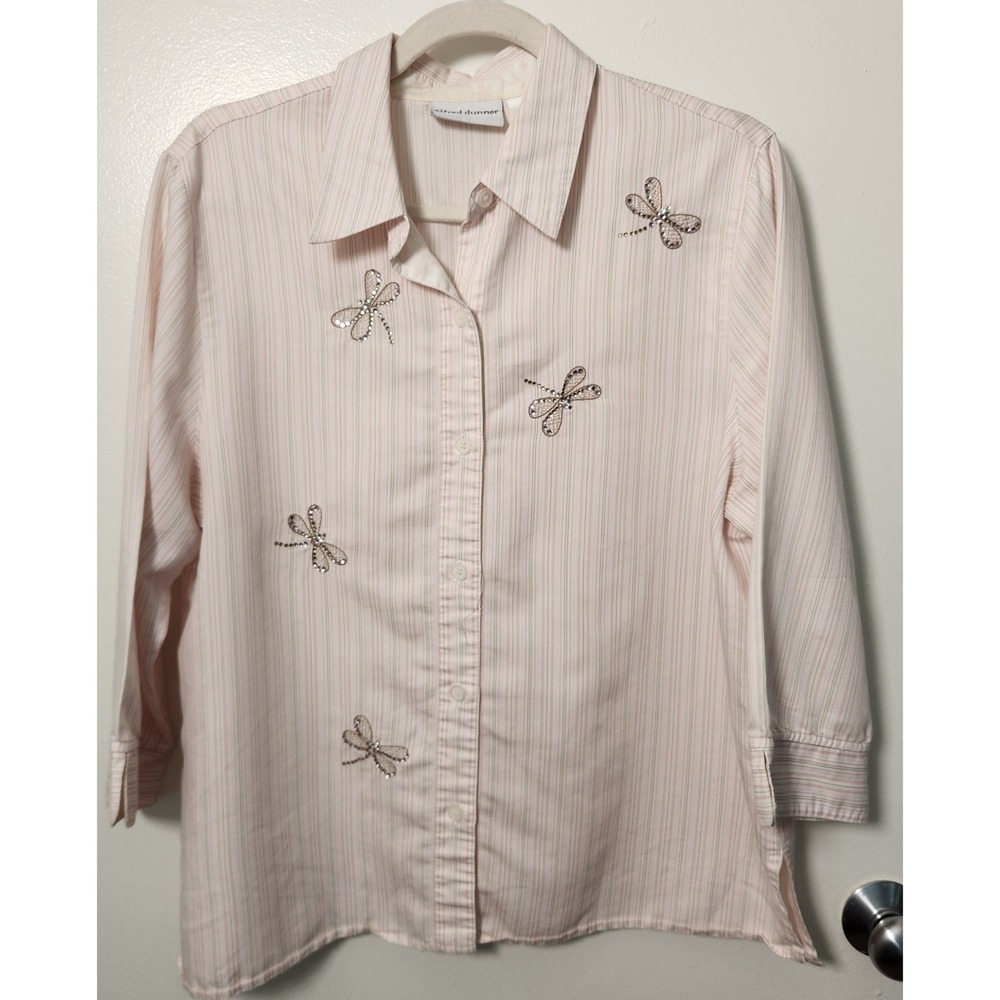 Alfred Dunner Women's 14 Pastel Pink Stripe Button Down Embellished Dragon Flies